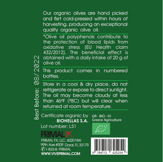 Aceite de Oliva Extra Virgen Orgánico Sin Filtrar - Primal FX